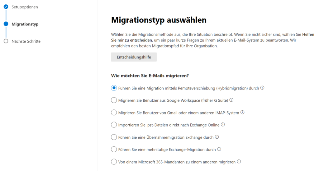 Migration Microsoft Exchange Migrationstypen Auswahl