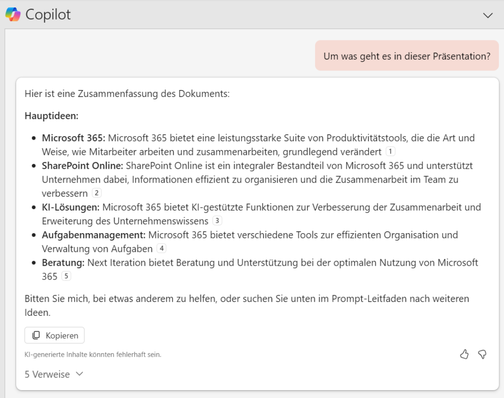 Microsoft Copilot in PowerPoint - Fragen zur Präsentation stellen.