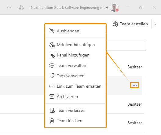 Microsoft Teams Teams einblenden und ausblenden