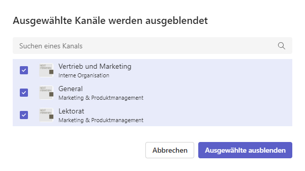 Microsoft Teams ausgewählte Kanäle ausblenden